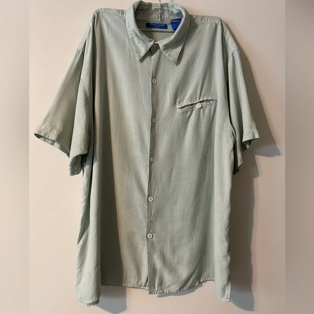 Men’s Linea Dome 100% Silk Casual Button Down Light Green Shirt Size Large